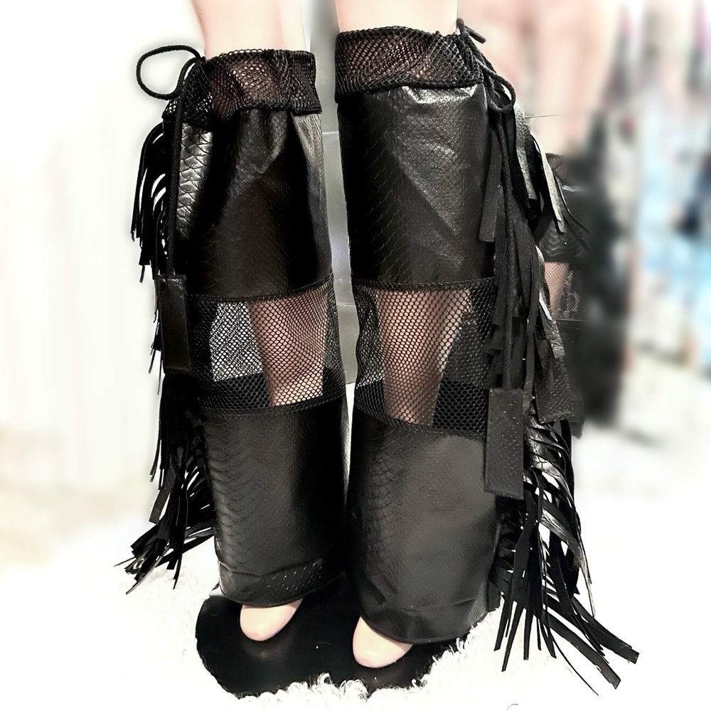 Shiny Snakeskin Leather Legwarmers w Black Mesh Fishnet & Fringe Tassels On Side